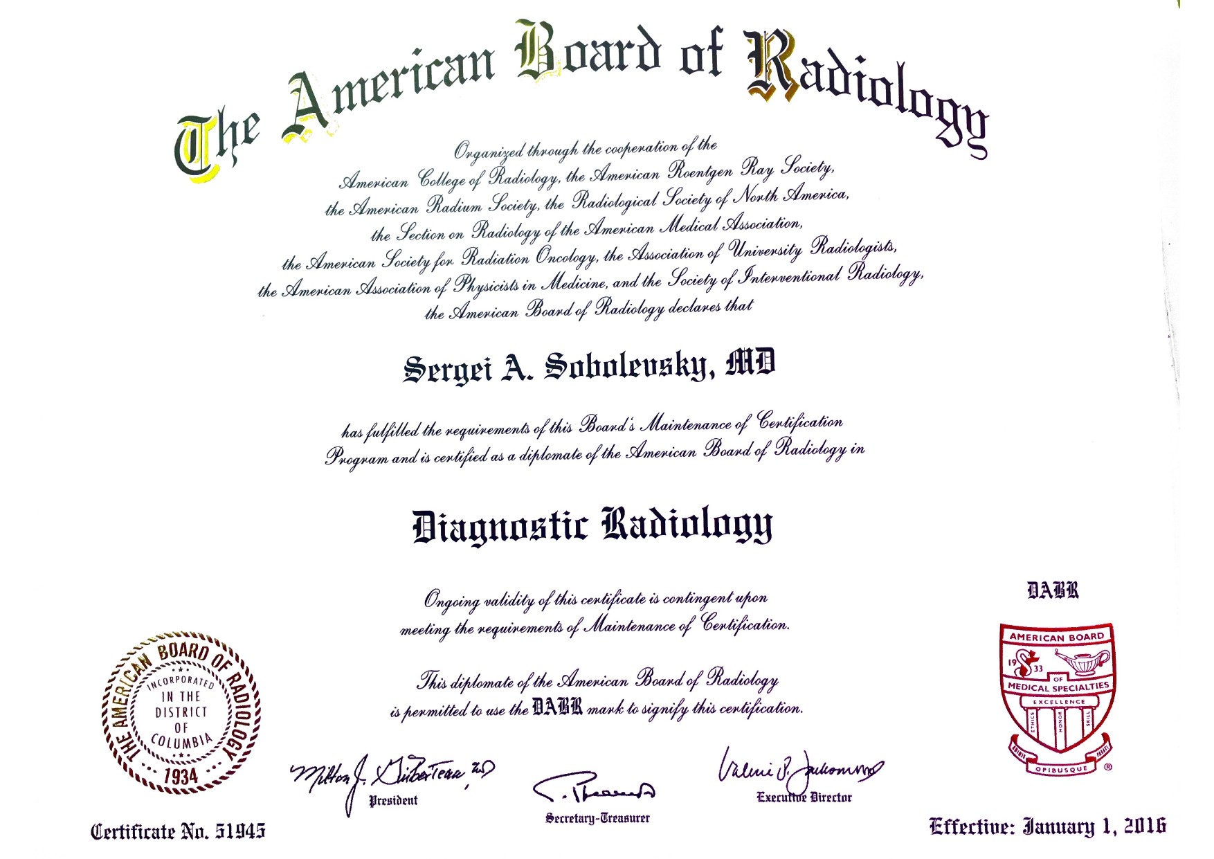 Diagnostic Radiology Board Certificate