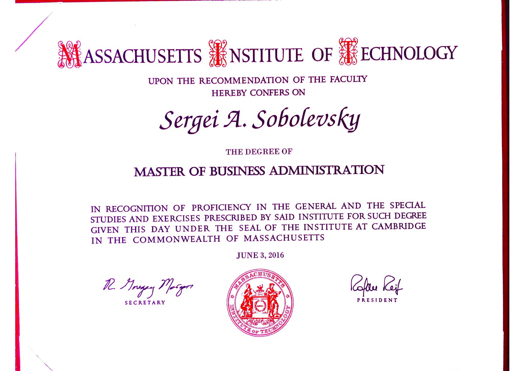 MBA degree certificate of completion