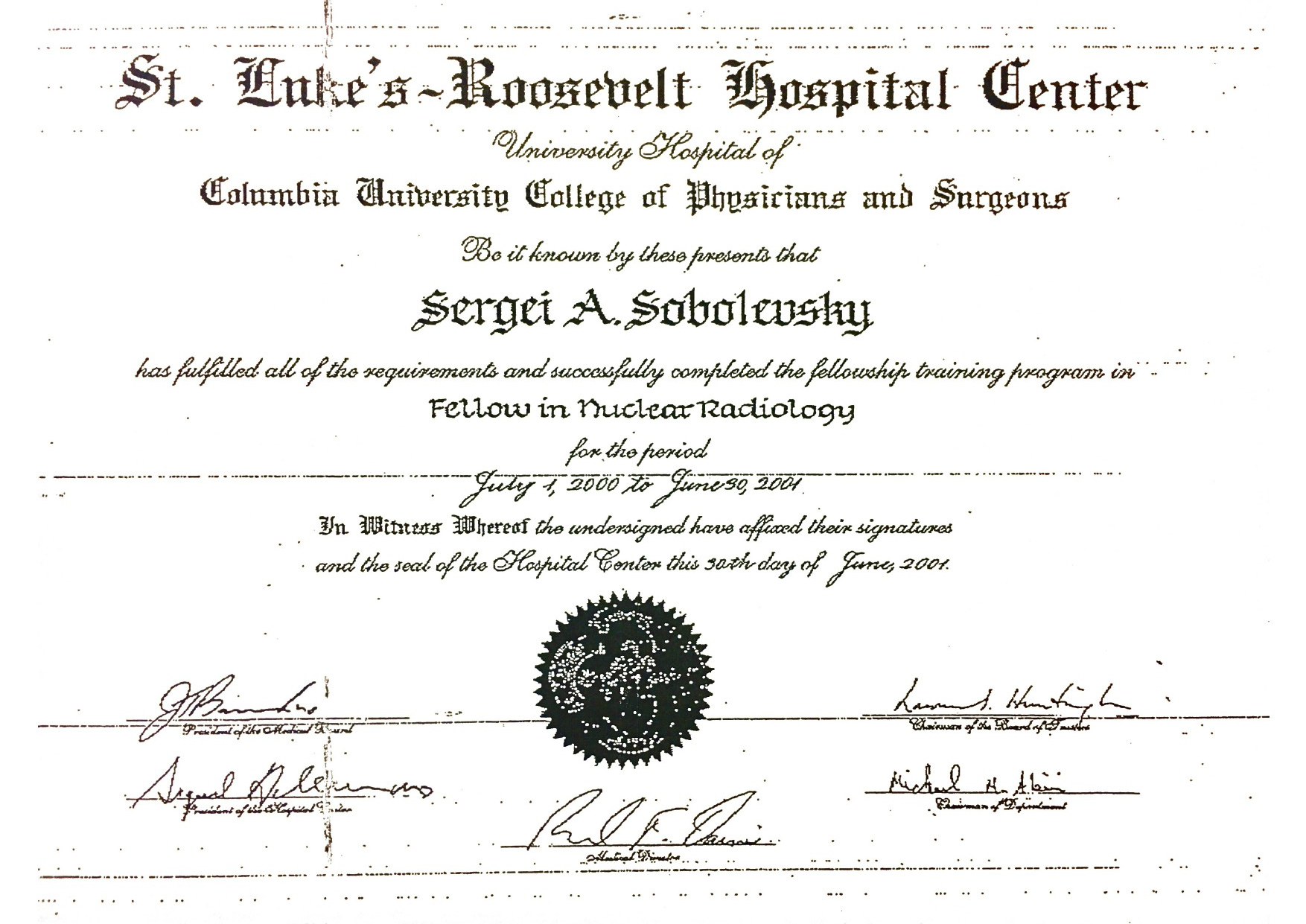 Nuclear Medicine Fellowship certificate of completion